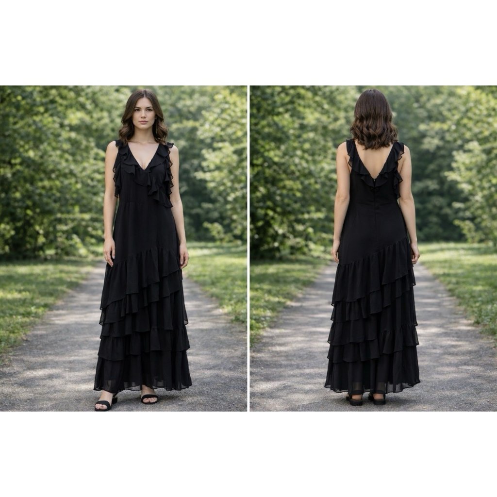 Chelsea28 Black Chiffon Flowy Tiered Maxi Dress Sleeveless V Neck Womens L Large — image 2 of 8